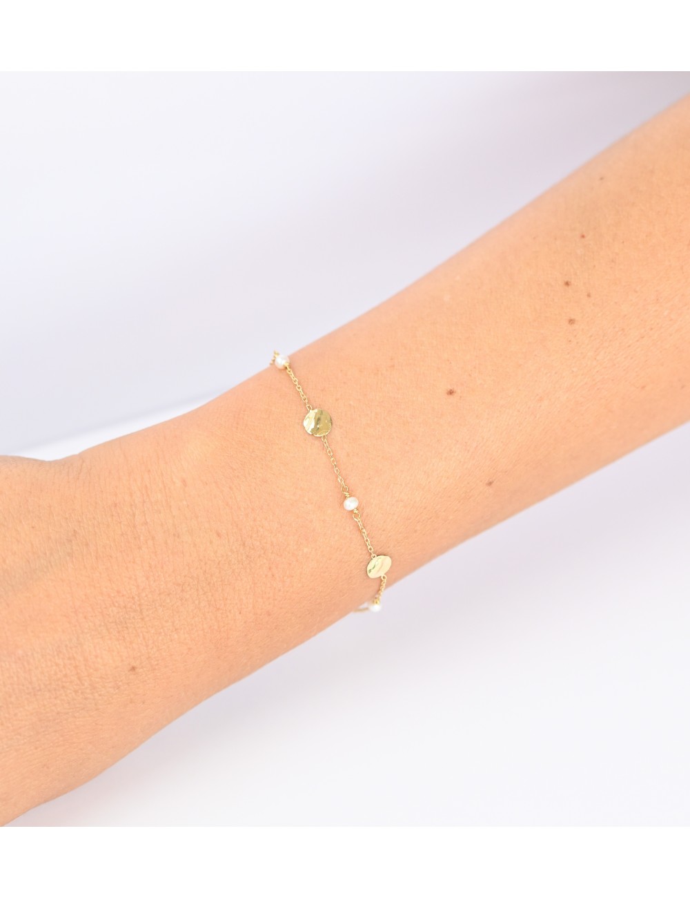 Bracelet petites perles et petit ronds froissés - Or jaune ou blanc 375 millièmes (9 carats)