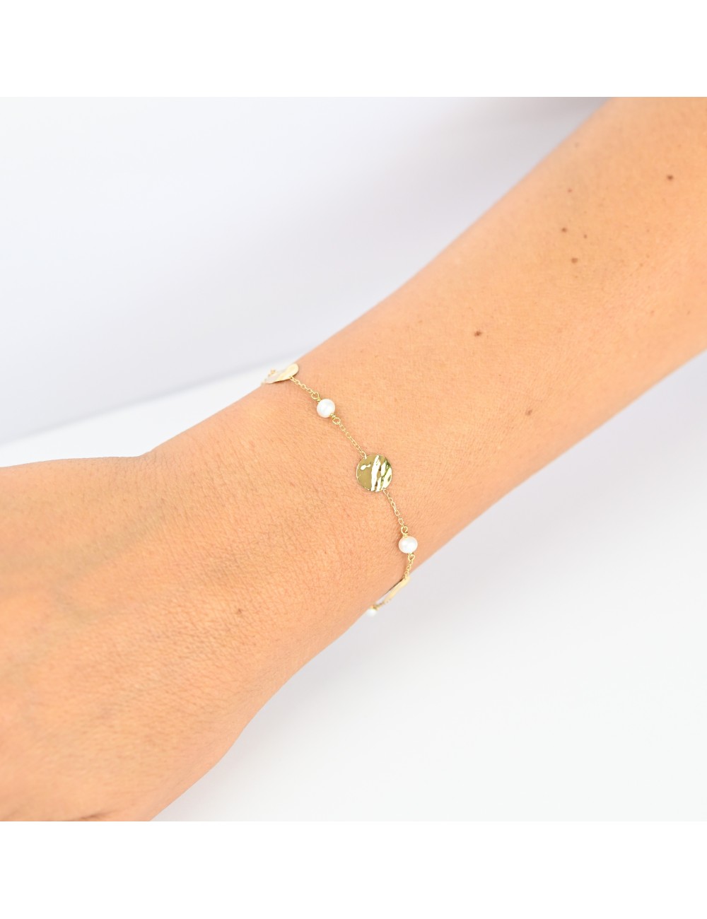 Bracelet perles et ronds froissés - Or jaune ou blanc 375 millièmes (9 carats)