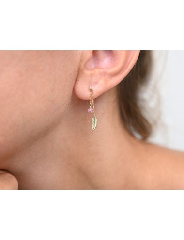 Boucles d’oreilles plume dorée et éclat de tourmaline rose - Or Jaune ou Or Blanc 375 millièmes (9 Carats)