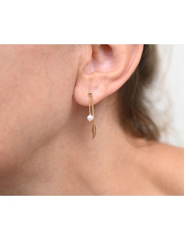 Boucles d’oreilles plume dorée et perle d’eau douce - Or Jaune ou Or Blanc 375 millièmes (9 Carats)