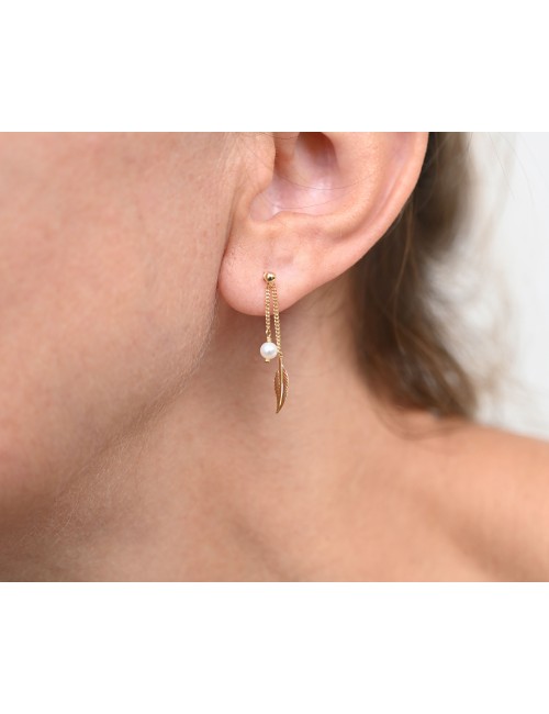 Boucles d’oreilles plume dorée et perle d’eau douce - Or Jaune ou Or Blanc 375 millièmes (9 Carats)