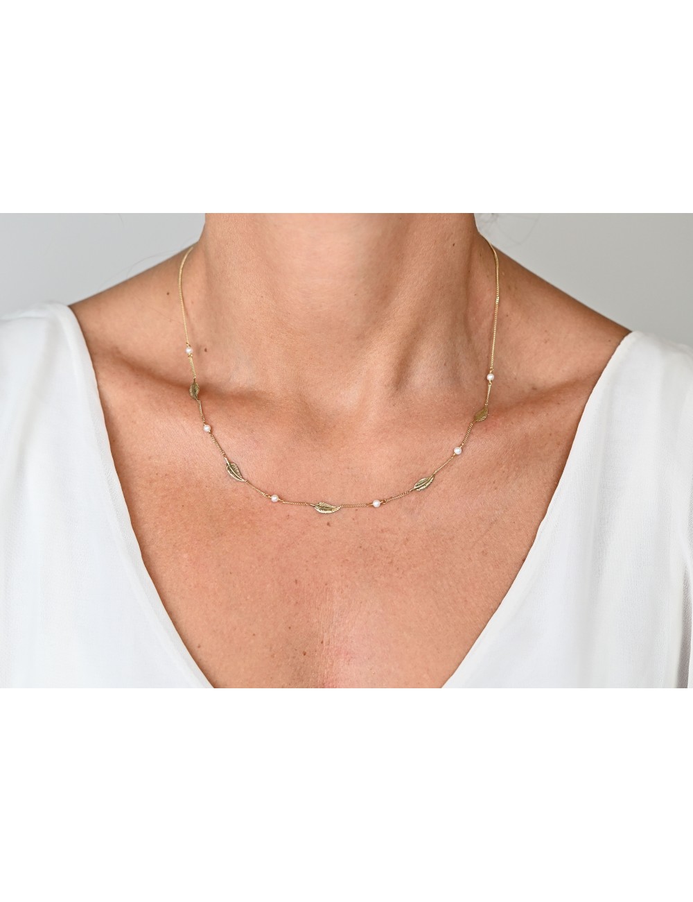 Collier plumes d'or et perles d'eau douce - Or Jaune ou Or Blanc 375 millièmes (9 Carats)